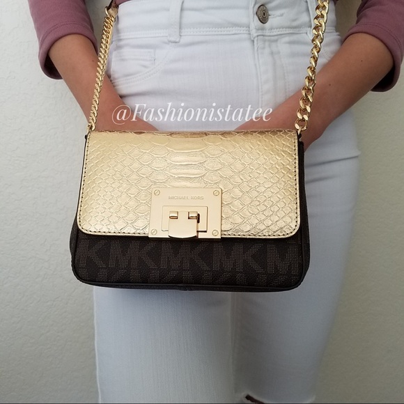 NWT MICHAEL KORS TINA SMALL CLUTCH BROWN CROSSBODY - Picture 3 of 8